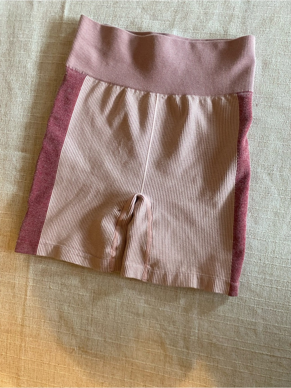 The Upside Ribbed High-Waist Bike Shorts in Blush with Rose Side Panels